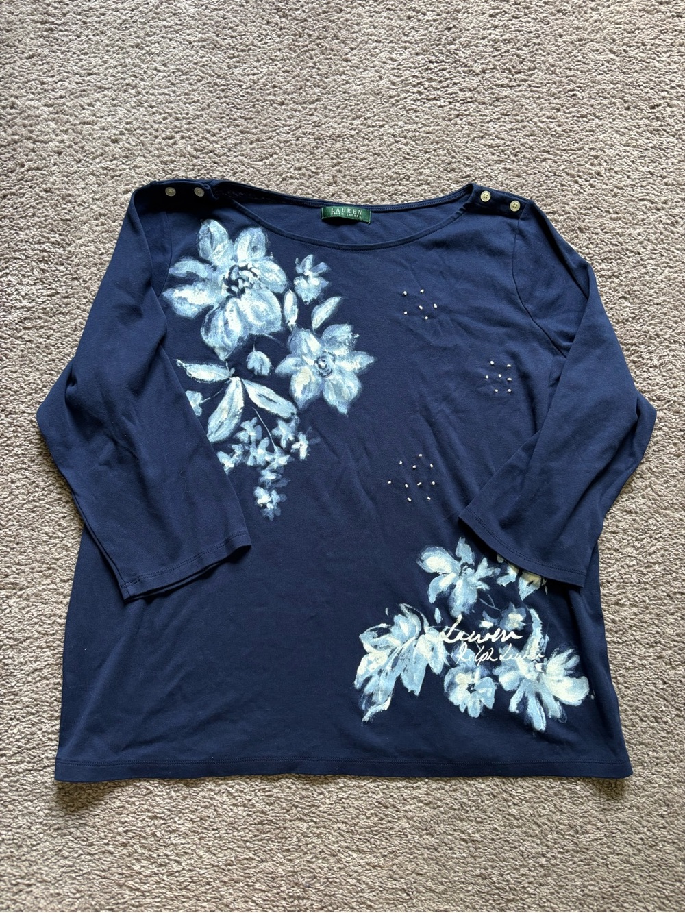 Lauren Ralph Lauren XL Navy Floral 3/4 Sleeve Boat Neck Top